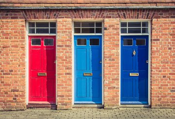 Red, blue and dark blue doors